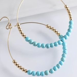 Gold-Tone Natural Stone Beaded Hoop Drop Earrings (Turquoise)